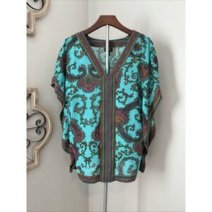 Nicole By Nicole Miller Kaftan Top Women's Festival Turquoise Multi Paisley
